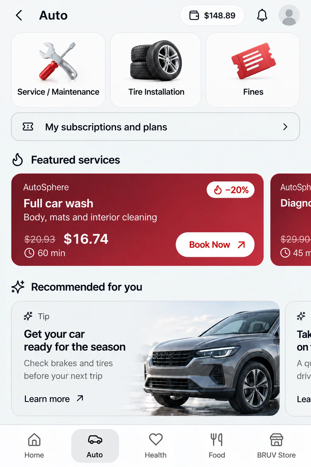 Illustrative Auto homepage with hot car wash offers and recommendations