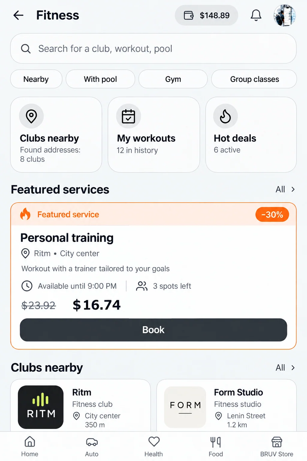 Illustrative Fitness homepage with clubs, workouts and a personal training offer