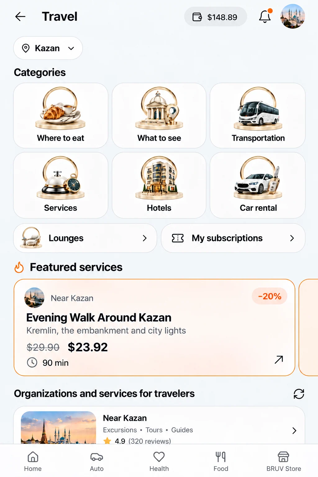 Illustrative Travel homepage with travel categories and a Kazan tour offer