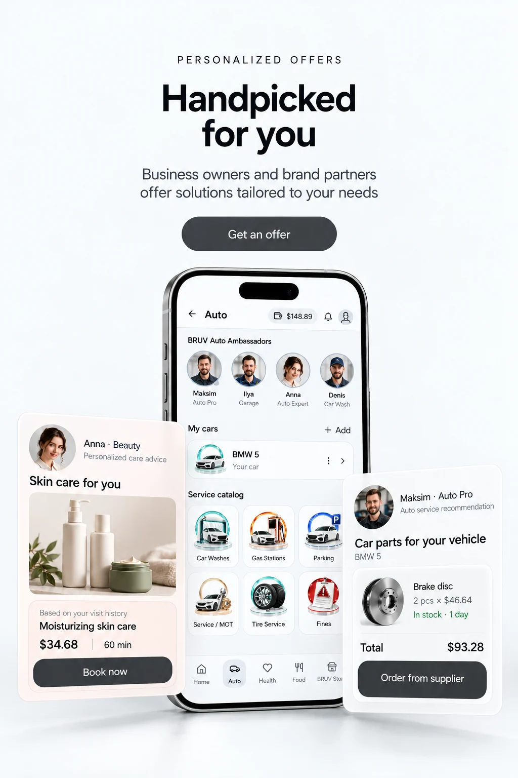Illustration of BRUV Auto with ambassadors, a personal beauty recommendation and a parts offer with pricing and ordering