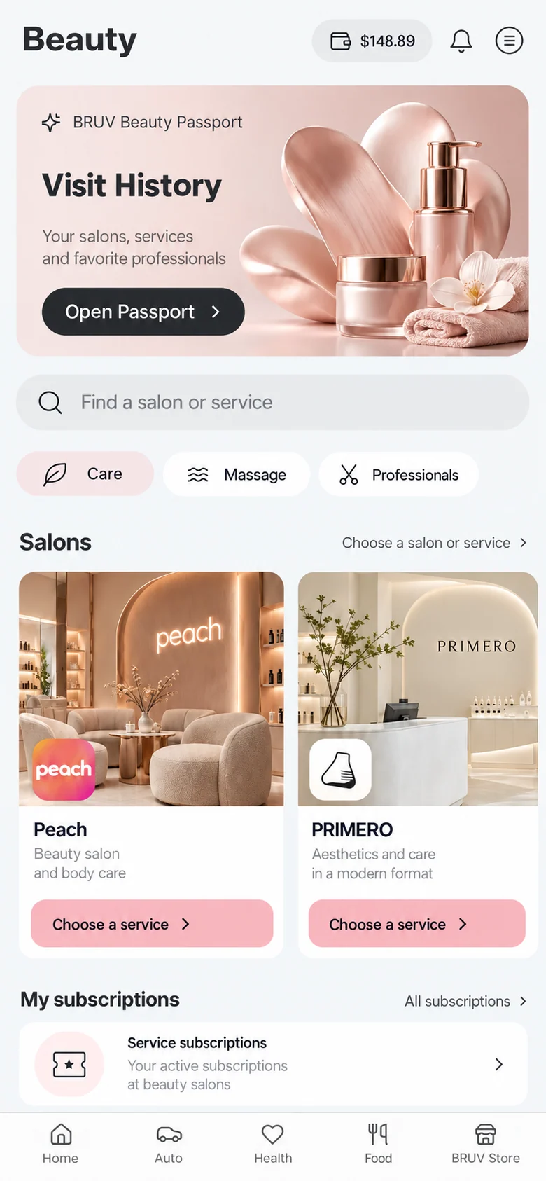 Illustrative Beauty interface with salons and personal care services