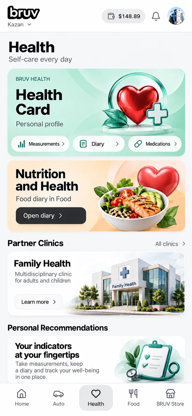 Illustrative Health interface with personal metrics and care services